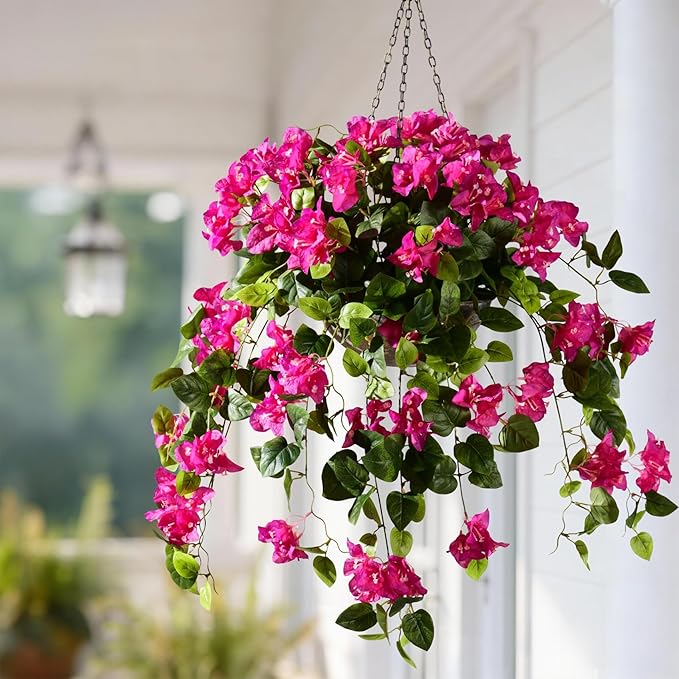 Artificial Hanging Bougainvillea Flowers for Outdoor 3 Pcs Faux Bougainvillea Flowers Fake Hanging Plants Silk Flowers Long Trailing Vines for Front Door Porch Planter Patio Balcony (Light Purple)