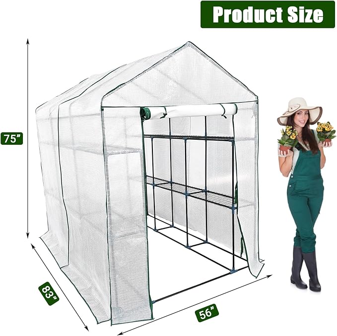 Walk-in Greenhouse for Outdoors, Small Green House Outdoor with 3-Tier Shelves, Roll-Up Zippered Door & Mesh Window, All-Season Plant House for Vegetables Herbs Flowers for Patio Backyard Gardening
