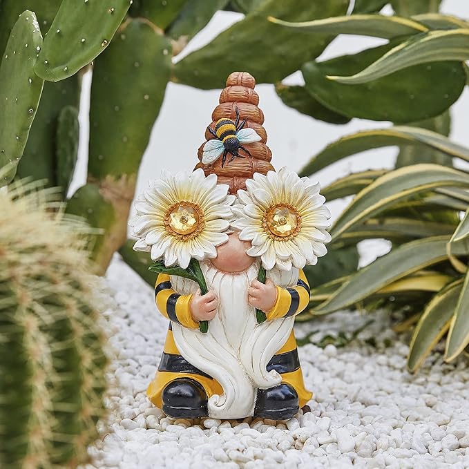 LA Jolie Muse 11.7'' Solar Gnomes Garden Statues-Resin Bee Gnomes Figurine Sunflower Decor with Solar LED Lights for Outdoor Gnomes Decorations for Yard Patio Lawn Porch, Garden Gifts for Mom