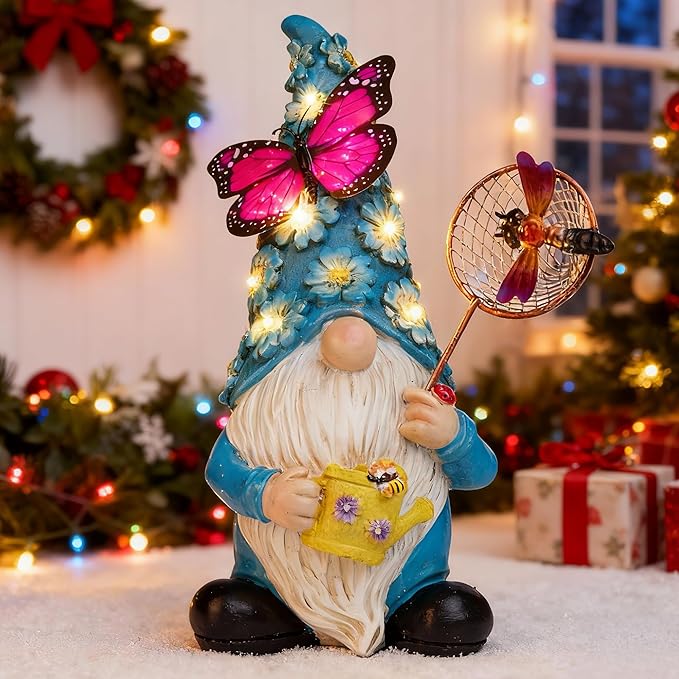 Garden Gnome Statues Outdoor Decor Solar Gnomes with Butterfly on LED Lighted Flowers, Resin Blue Gnomes Sculpture for Patio Yard Lawn Onament Decoration