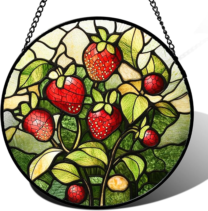 HWRHTR Stained Glass Window Hanging - Red Strawberry Suncatcher for Doors Window Home Green Plant Sun Catchers Decor Christmas Mother's Day Birthday Gifts for Teacher Women Men Mom Nana 11.8 in