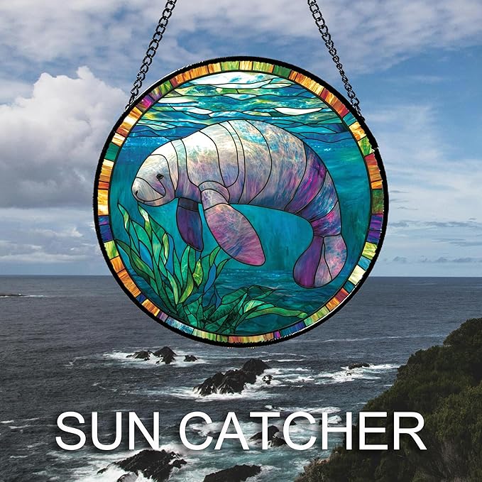Stained Glass Window Hanging Blue Ocean Seaweed Manatee 7.8" - Suncatcher Door Garden Sunroom Sun Catcher Home Decor Birthday Christmas for Mom Men Woman Nana