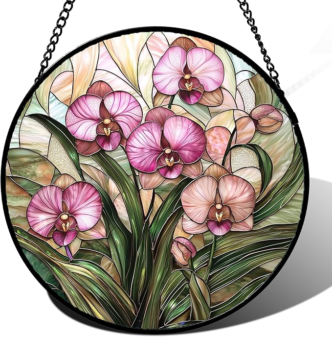 AMDERVEN Stained Glass Window Hanging - Pink Phalaenopsis Orchid Green Leaves Sun Catcher for Door Home Decor Flower Suncatcher Christmas Mother's Day Birthday Gifts for Women Men Mom Nana 15 in