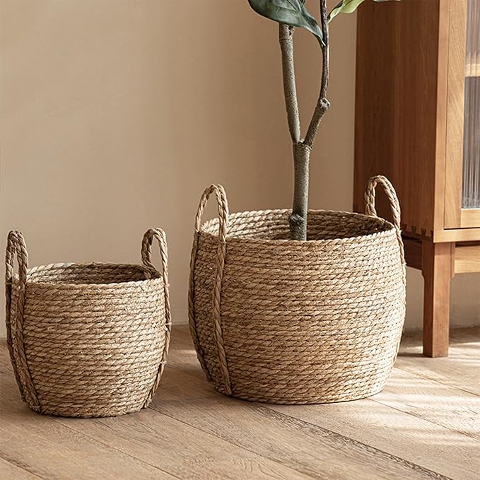 Versatile Rattan Grass Woven Flower Basket Planter For Living Room Floor Standing Storage Balcony Garden Decoration Sea Grass Basket With Handle Decorative For Organizing Natural Grass Basket And