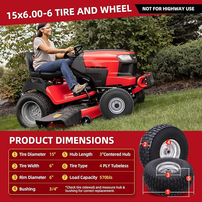 15x6.00-6nhs Lawn Mower Tires Tubeless (2 Pack),Replacement Riding Lawn Mower Front Tires,Compatible withRiding Mowers and Lawn Tractor, 3" Centered Hub and 3/4" Bushings（Gray)