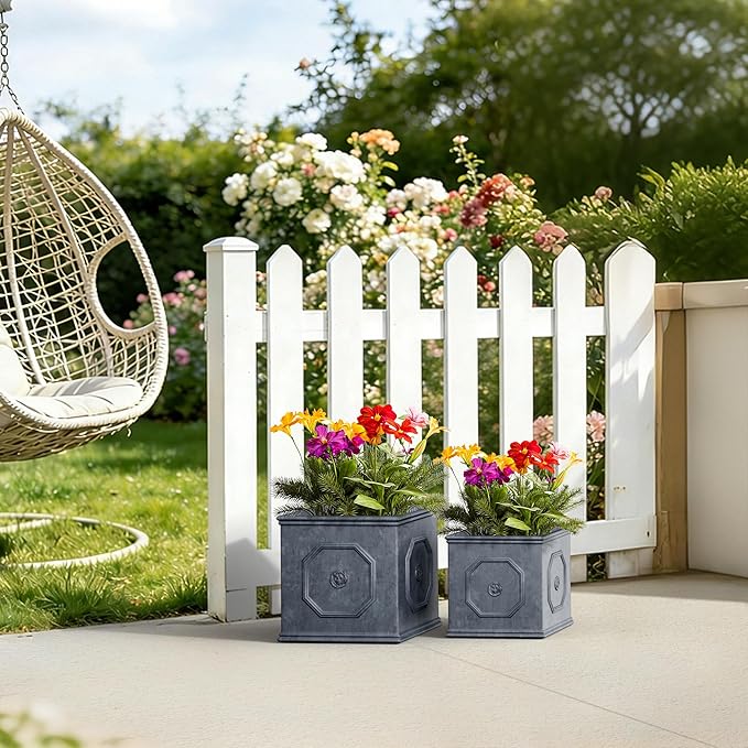 Kante Square Lion Head Concrete Planter Set of 2, Classic English Style Plant Pot with Drainage Hole and Rubber Plug for Indoor Outdoor, 10.2"x10.2"x10.2" and 12.6"x12.6"x12.6" Antique Gray