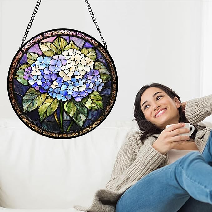 DASTOLL Stained Glass Window Hanging, Hydrangea Flowers Sun Catchers Diamond Glass Panel Hangings Plant Suncatcher Decor for Birthday for Women, Men, Wife, Aunt, and Mom 14.9x14.9 in
