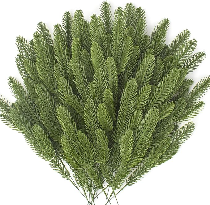 Grunyia 50 Pcs Artificial Pine Branches Fake Greenery Plants Pine Picks DIY Accessories for Garland Wreath Christmas and Home Garden Decor