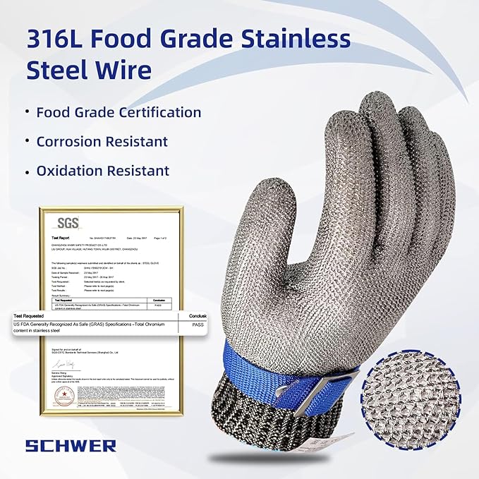 Schwer 10 Pcs SlicePro ANSI A9 Cut Resistant Glove PR1706, Stainless Steel Mesh Metal Glove, Food Grade for Kitchen Cooking, Butcher Meat Cutting, Oyster Shucking, Mandoline, Non-PFAS, S
