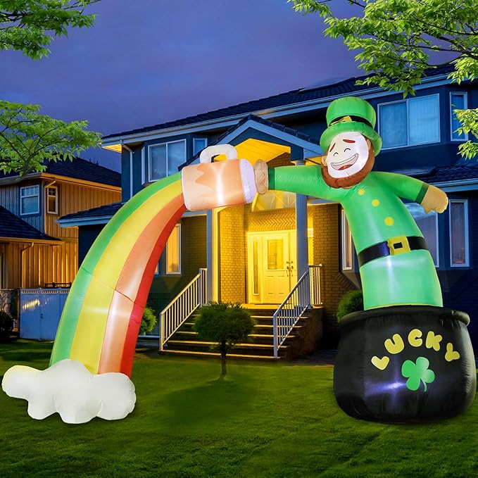 St. Patricks Day Inflatable Decorations 8ft Leprechaun Rainbow Arch with Gold Coin Pot and Cloud Built-in LED Lights Outdoor Theme Party Decor Holiday Lawn Yard Garden Patio Décor