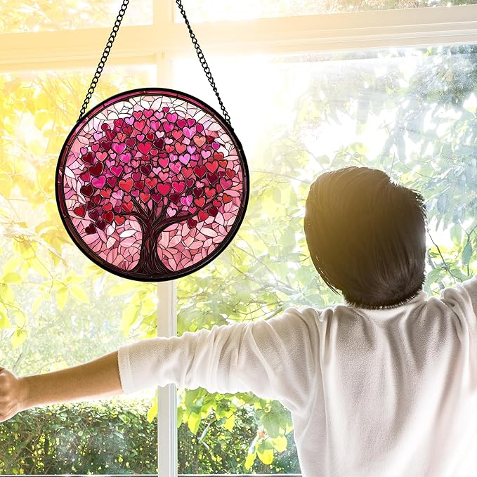 DASTOLL Stained Glass Window Hanging, Pink Love Tree of Life Sun Catchers Colorful Glass Panel Suncatcher Decor for Birthday for Women, Men, Wife, Lovers, and Mom 9.8 in