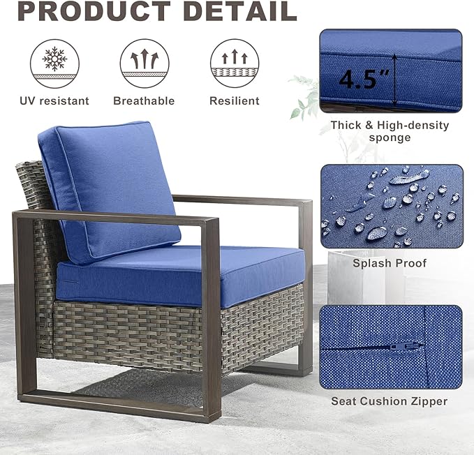 Outdoor Wicker Patio Furniture Set - 6 Piece Patio Conversation Set with 2 Wicker Armrest Chairs,2 Rattan Ottoman,1 Side Table and 1 Couch,Sturdy Frame,Thick Cushions,Deep Seating(Mixed Grey/Blue)