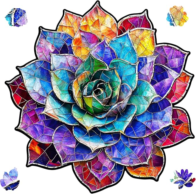 Delobil Stained Glass Succulent Wooden Puzzles for Adults, 500 Pieces Mandala Jigsaw Puzzles, Unique Shaped Royal Size Wood Puzzle Gift for Kids, Family Game 16.4'' x 16.7''