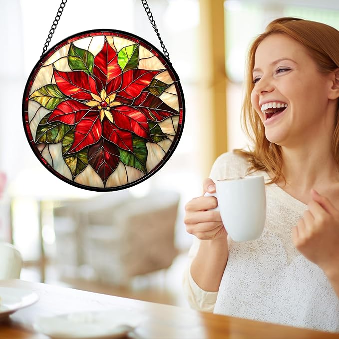 HWRHTR Stained Glass Window Hanging - Red Poinsettia Birth Flowers Suncatcher for Door Garden Yard Sun Catchers Decor Christmas Mother's Day Birthday Gifts for Women Mom Nana Teacher Friend 7.8 in