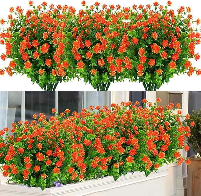 ArtBloom 12 Bundles Outdoor Artificial Flowers UV Resistant Fake Boxwood Plants, Faux Greenery for Indoor Outside Hanging Plants Garden Porch Window Box Home Wedding Farmhouse Décor (Orange Red)