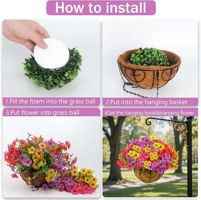 YYTDDUUU Artificial Hanging Flowers Plants 2 Set,Faux Flowers Basket for Outdoor Porch Decor,Fake Silk UV Sun Resistant Colorful Life-Like Hanging Daisy for Garden Balcony Yard Dector