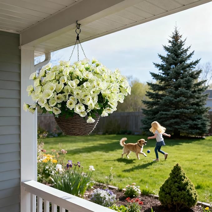 Artificial Morning Glory Flowers Plants for Outdoor 8 Pcs Faux Silk Petunias Flower Realistic Faux Flowers Plants for Outside Planter Porch Yard Patio Balcony Home Indoor Decor (8 Pcs Beige)