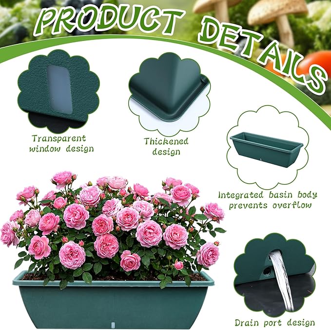 8 Pack 24 Inches Plastic Flower Window Box Planters with Water Absorbing Net Drainage Holes & Visible Water Level Window, Rectangular Vegetable Flower Pots for Indoor Outdoor Garden(Green)