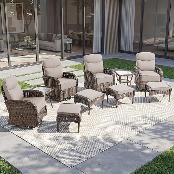 Outdoor Swivel Rocking Chair Patio Set (10pcs) High-Back - Thick Cushion Swivel Rocking Chair Patio Chairs Set, All-Weather Wicker Patio Furniture Set, Suitable for Balcony Patios, Brown/Beige