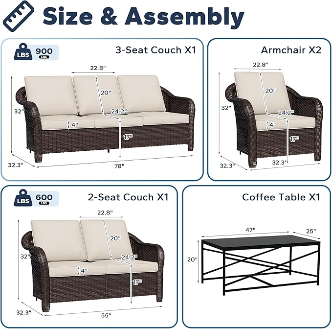 5 Pieces Outdoor Patio Rattan Conversation Furniture Set with Cushions, 78" 3-Seat Wicker Sofa, 55" 2-Seat Couch, 2 Armchairs, Metal Coffee Table for Garden (Beige)