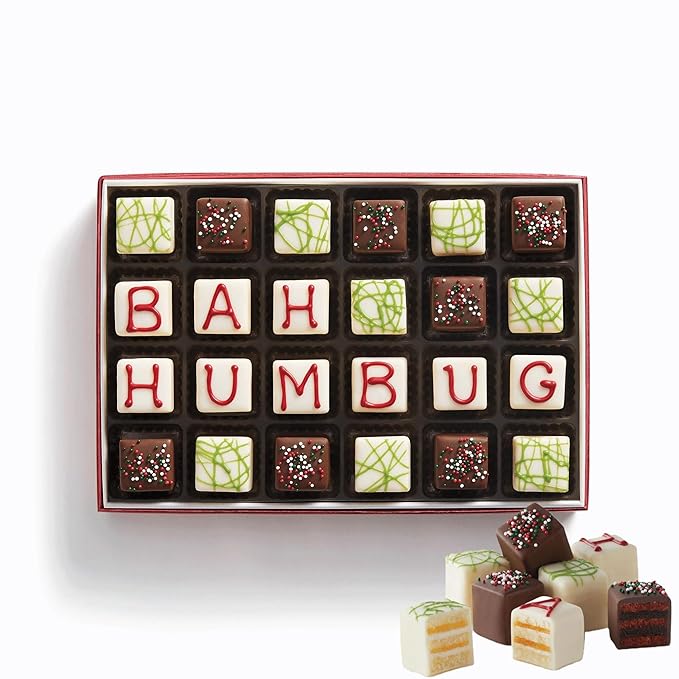 The Swiss Colony Bah Humbug Petits Fours Cakes - Gourmet Cake Assortment with Chocolate, Vanilla, and Layer Cakes - Holiday Dessert Gift for Christmas and Celebrations - (Pack of 24)