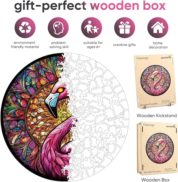Qiuenisray Wooden Puzzles for Adults 500 Piece, Flamingo Jigsaw Puzzles, FSC Certified Unique Shape Adult Puzzles, Christmas Thanksgiving Gifts for Family Friend 16.5 x 16.5 in