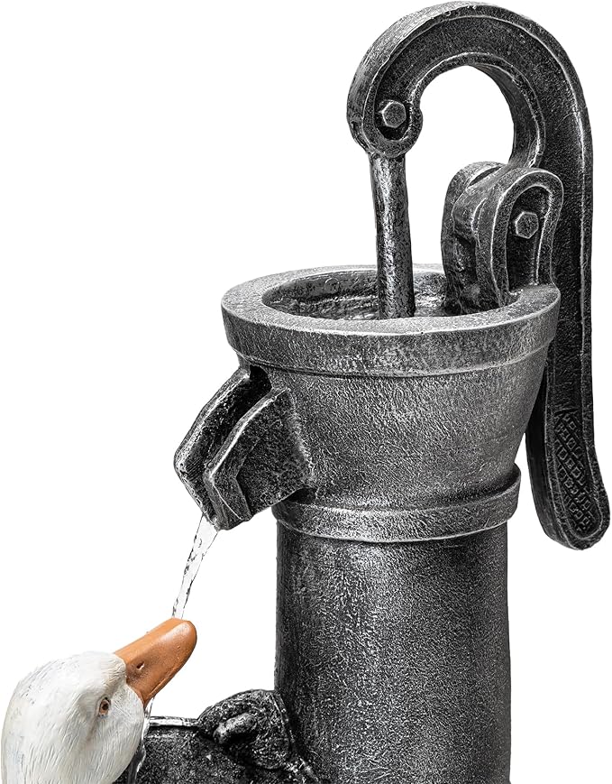 Glitzhome 24" Farmhouse Duck Outdoor Fountain with LED & Pump – 2-Tier Cascading Water Fountain for Outside Garden Decor - Rustic Waterfall for Backyard, Garden, or Patio Decor