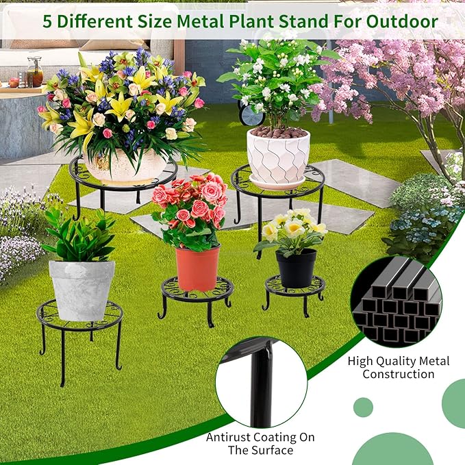 NSYOOMH 5 packs Rustproof Metal Plant Stands for Multiple Plant, Heavy Duty Plants Holder Outdoor Indoor, Round Wrought Iron Flower Planter Pot Stand, Corner Gardening Pumpkin Stand Black