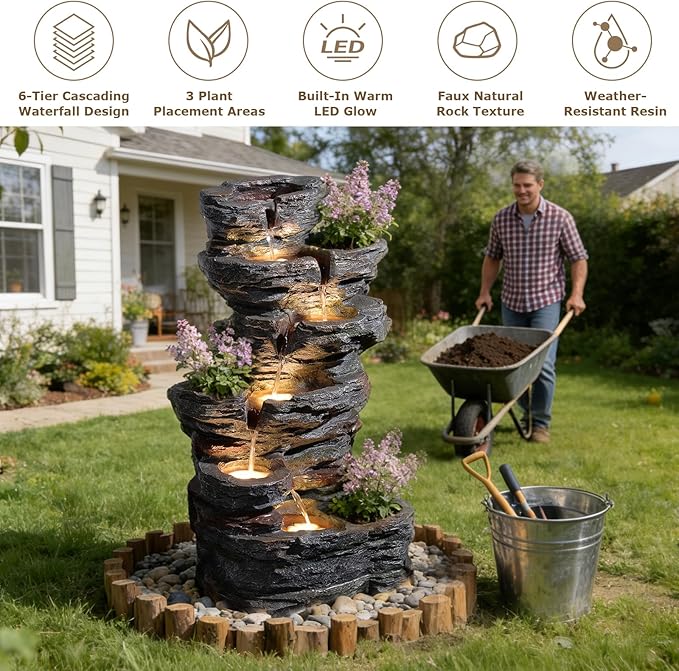 32.7’’H 6-Tier Rock Water Fountain Outdoor Cascading Waterfall Fountain with 3 Plant Nooks and LED Lights, Outdoor Water Fountain for Garden, Patio, Porch & Yard Decor