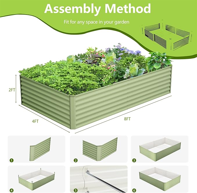 8x4x2FT Galvanized Raised Garden Bed Kit, Galvanized Planter Raised Garden Boxes Outdoor, Large Metal Raised Garden Beds for Vegetables-Green