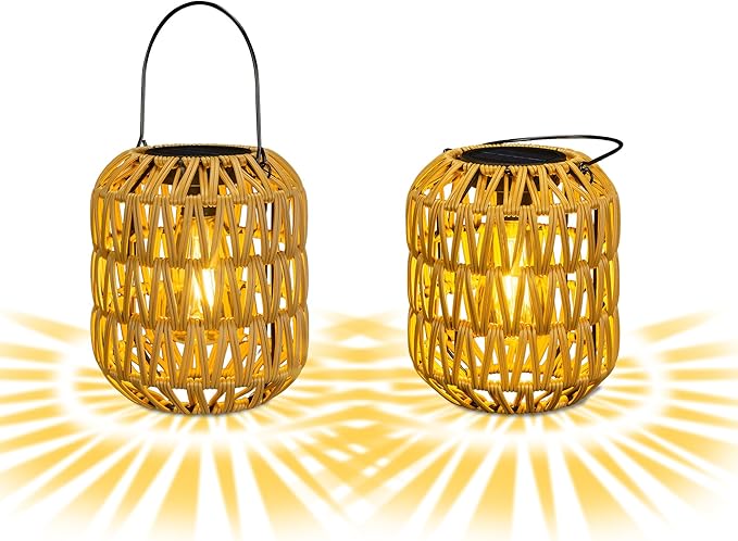 2 Pack Solar Lanterns Outdoor Waterproof,Rattan Solar Lantern for Yard,Outdoor Garden Lights,Hanging Lanterns Decorative Birthday Gifts for Mom Grandma,Outdoor Lanterns for Porch,Patio,Pathway