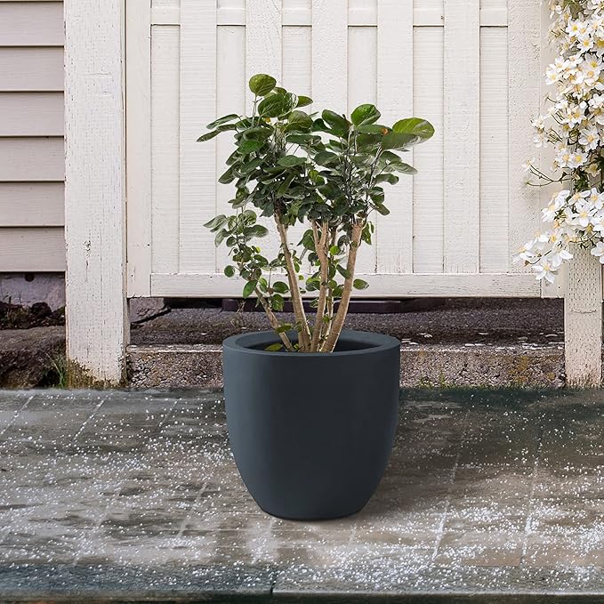 Kante 16.5" Dia Round Concrete Planter, Large Outdoor Modern Indoor Decorative Plant Pots with Drainage Hole and Rubber Plug for Home and Garden, Charcoal