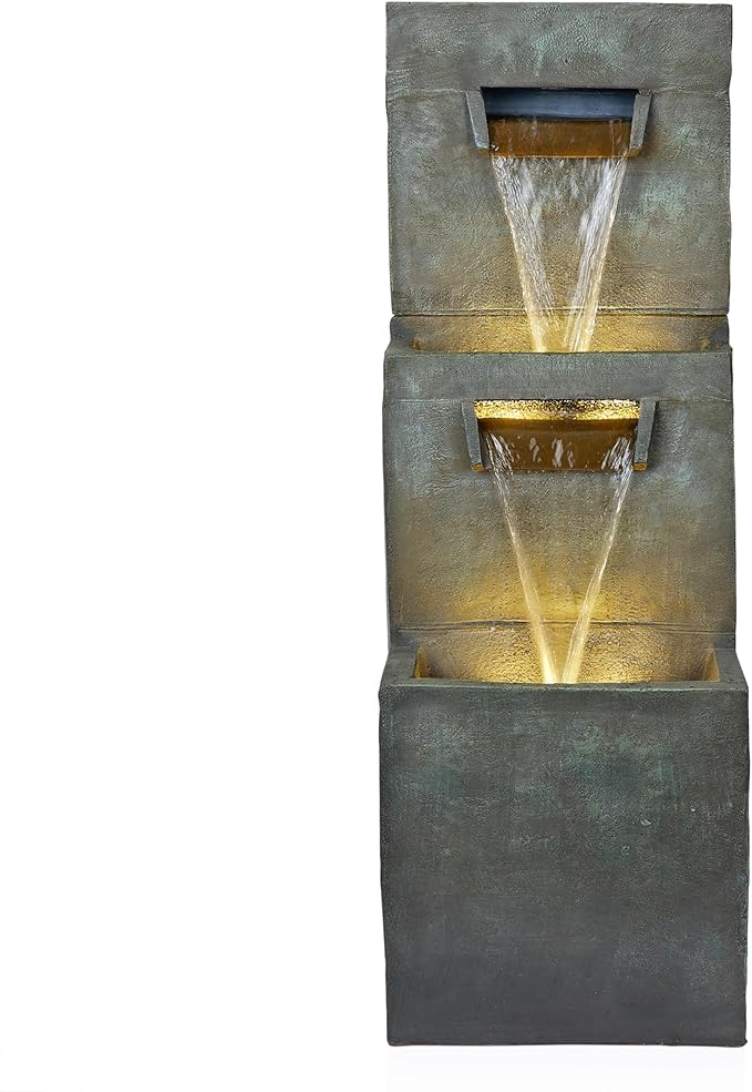 Alpine Corporation 40" Tall Two-Tier Modern Polystone Floor Fountain with Warm White LED Lightsl, Gray