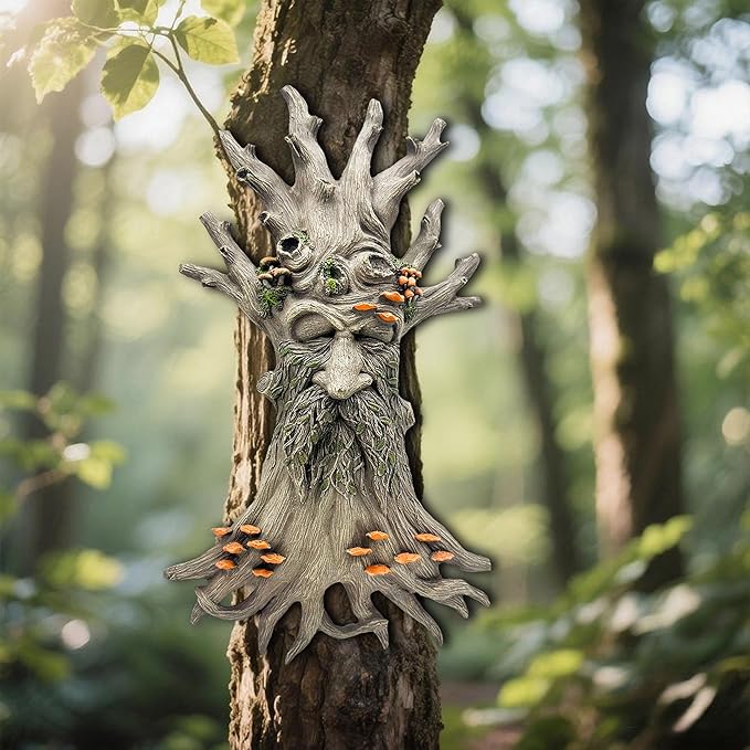 Teaeeno Charming Tree Face Garden Decor, Whimsical Old for Man Resin Statue with Foliage Features, Large Outdoor Tree Hugger for Yard Art, Root Detail,Trees Decor Outdoor Wallmounted Statue (Mushroom)
