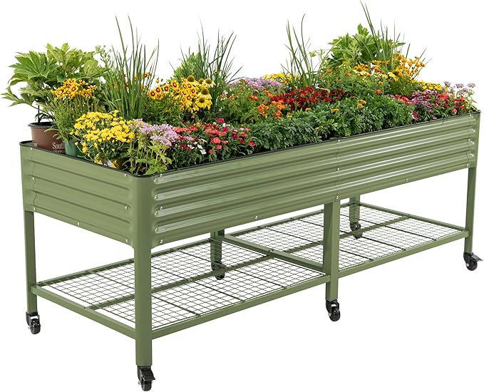 Rolling Elevated Raised Garden Bed - Jumbo Series, 3' x 8' Outdoor Planters Boxes with Legs & Storage Rack for Patio, 2000+ Lbs Weight Capacity, Raised Beds for Gardening Herbs Flowers, Olive Green
