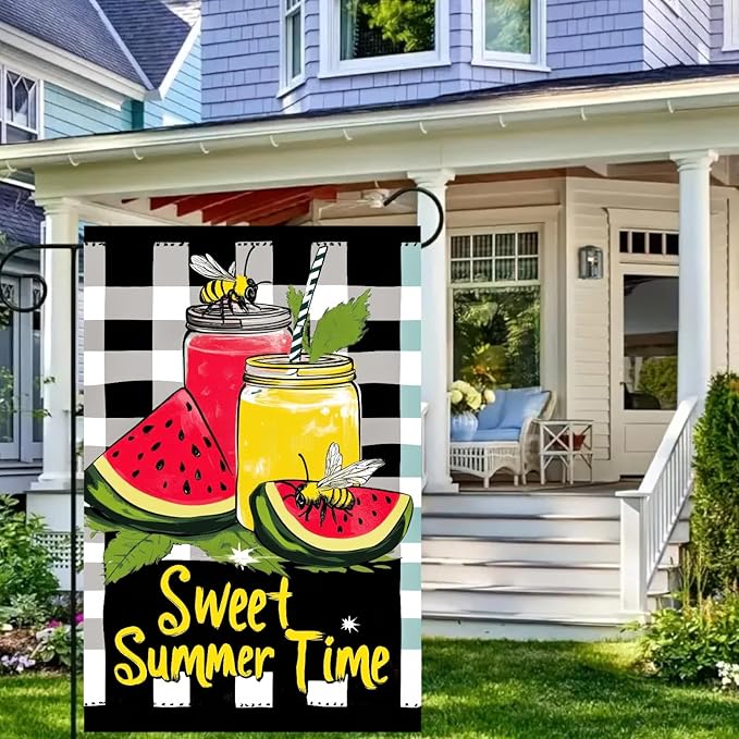 Sweet Summer Time Garden Flag Watermelon Buffalo Plaid Lemon Welcome Small Flags for Outside Double Sided Juice Seasonal Banner Farmhouse Outdoor Yard Decoration 12x18 Inch
