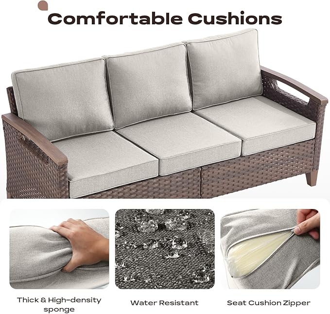 Rilyson Wicker Outdoor Patio Furniture Set - 7 Piece Patio Conversation Sets with Swivel Rocker Chairs, Chairs, Ottomans and Sofa, Thick Cushions, Waterproof Wicker, for Porch Deck Brown/Beige
