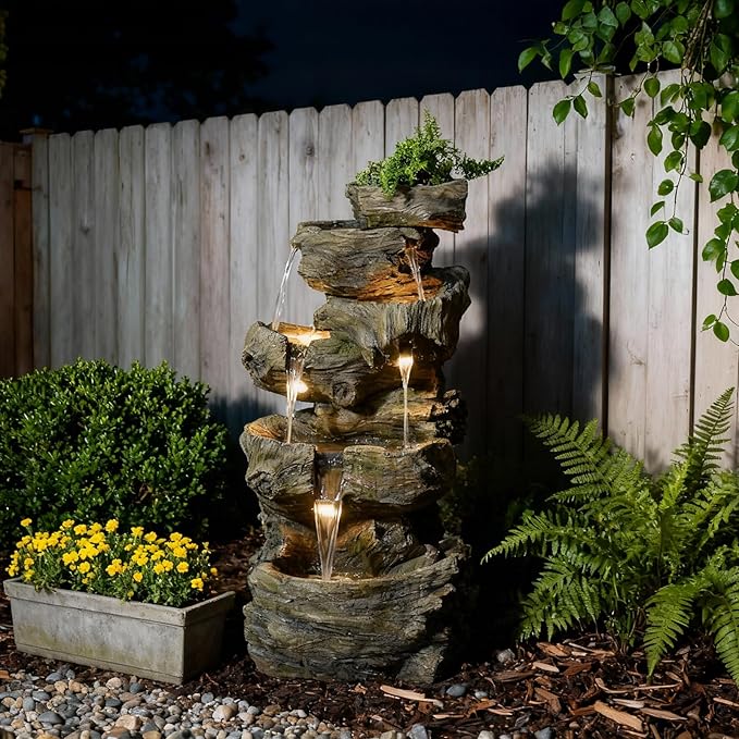 40.6" H Wood-Like Water Fountain Indoor & Outdoor, 5-Tier Natural Cascading Waterfall with LED Light for Patio, Porch, Garden, Home Decor, Medium Wood