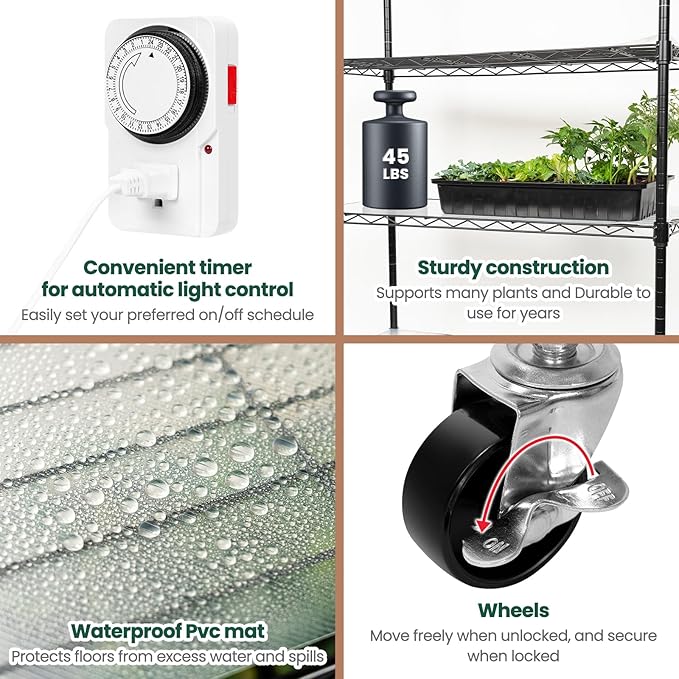 SOLIGT Plant Shelf with Grow Lights, 5 Tier Grow Light Stand Rack with 8 Pack 2FT 6000K T8 Full Spectrum Led Grow Lights for Indoor Plants, Seed Starting, Seedling Growing, Timer Included