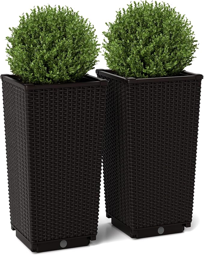 Giantex Set of 2 Outdoor Wicker Flower Pot, 23 Inch Tall Planters with Drainage Hole, Self-Watering Tray, Rattan Flower Pots, Indoor Outdoor Decoration for Front Porch Balcony Entryway (Dark Brown)