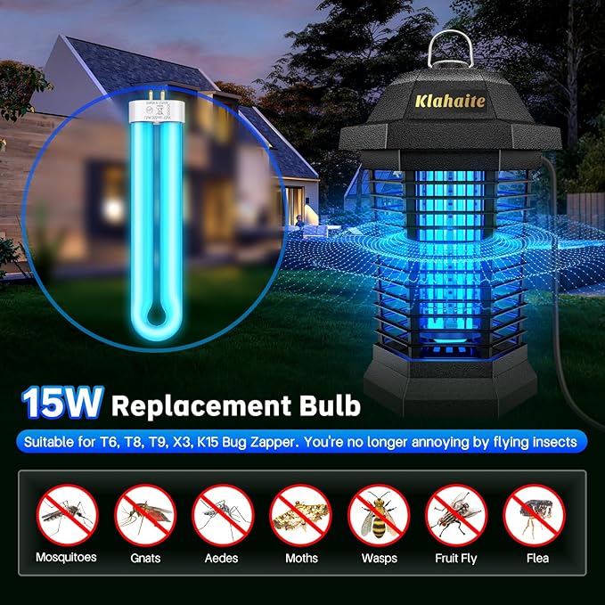 Klahaite Replacement Light Bulb Bug Zapper 15W Bug Light Bulbs for K15, X3,T6, T8, T9 Bug Zapper Outdoor 4-Pin Base U Shaped Twin Tube Bulb for Outdoor Mosquito Zapper