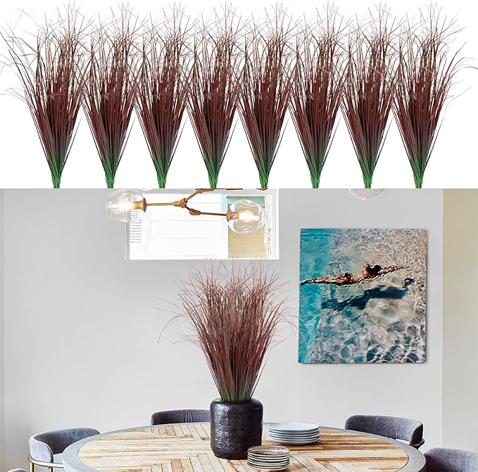 LUZOGA 24Pcs Artificial Grass Plants, Faux Shrubs Wheat Grass, Artificial Tall Grasses Fake Plants for Outdoor Decor,Artificial Greenery Stems Weed for Room Indoor Home Decor（Red）