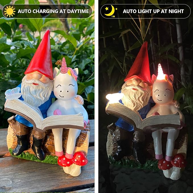 8'' Gnome and Unicorn Reading Book Statue,Funny Garden Gnomes Outdoor Statues for Garden Decor with Solar Lights,Gnomes Decorations for Yard Patio Lawn Cute Ornament Decoration,Gifts for Girl,Grandpa