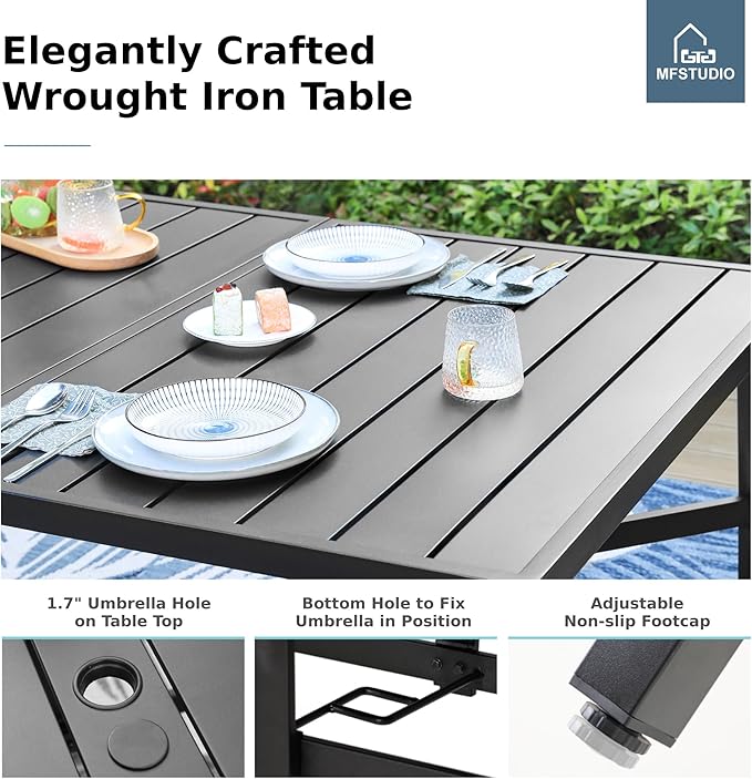 MFSTUDIO 9 PCS Patio Dining Set with Large Retangular Heavy Duty Metal Slate Table with 8 Sling Dining Chair (Grey)