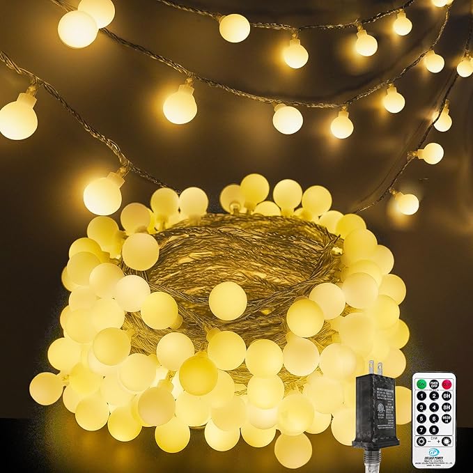 200LED Connectable Globe String Lights Indoor Outdoor for Bedroom, 66ft Warm White Fairy Light Plug in with Remote, Waterproof 8 Modes Hanging Lights for Room Party Classroom Wedding Christmas Decor