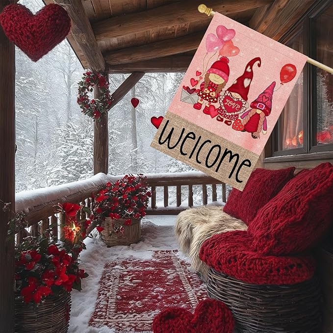 Welcome Valentines Day Gnomes House Flag 28x40 Inch Double Sided Outside Red Balloon for Outdoor Farmhouse Anniversary Holiday Yard Valentine Decoration FF-225