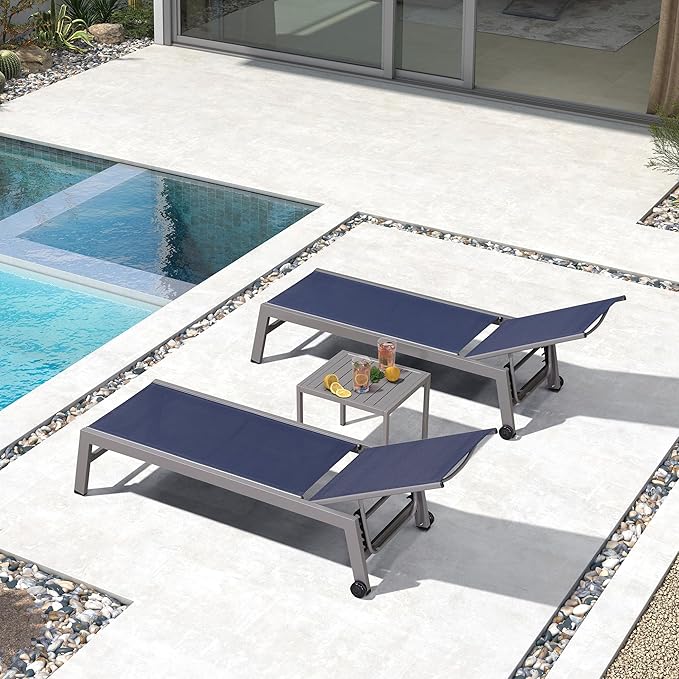PURPLE LEAF Outdoor Lounge Chair Set for 2 Pool Reclining Lounge Chairs with Easy-to-Move Wheels and Adjustable Backrest Aluminum Patio Chaise Lounger for Beach Yard Pool Table Included, Ocean Slate