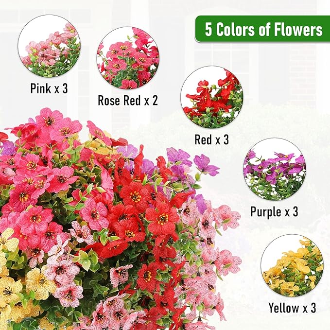 Artificial Flowers Outdoor, Faux Silk Flowers Plastic Plants for Outdoors Indoor Outside Front Porch Hanging Planter Window Box Garden Home Decoration, 14 Pack (Mix)