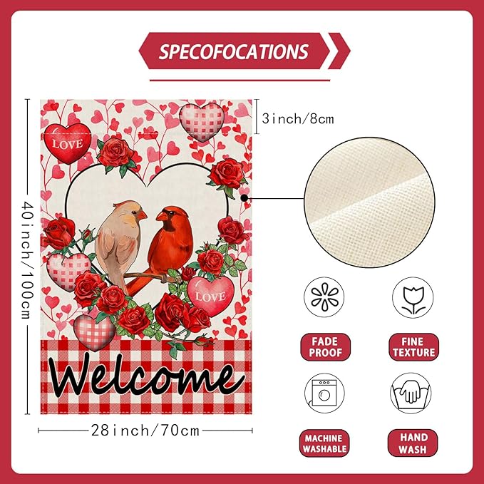 Welcome Valentine’s Day Cardinal Buffalo Love Heart Balloons House Flag large 28X40 Inch Big Vertical Double Sided Yard Outdoor Outside Holiday Decoration