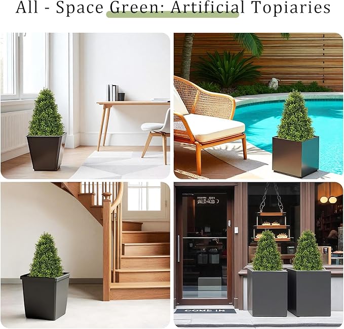 Azoco 30" Artificial Boxwood Faux Plants Outdoor, UV Resistant Topiary Trees Realistic Cone-Shaped Fake Bushes and Shrubs Potted Fakeplants Set of 2 for Front Porch Patio Outside Planter Decor